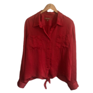 ELLEN TRACY XLarge Tangerine Button Up Long Sleeve Tie Front Satin‎ Blouse